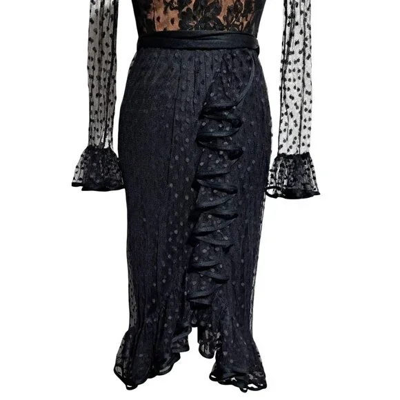 Vintage 70s Jack Bryan Black Gothic Polka Dot Lace Ruffled Midi Dress Sz 4 Emo M - Picture 4 of 12